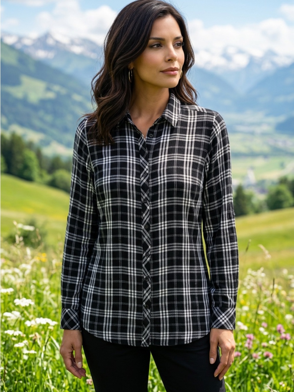 In Every Story Black White Plaid Tab Sleeve Button Down Cottagecore Shirt-XL